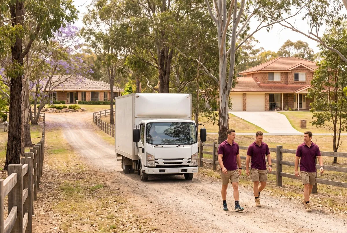 A removals truck on a long tree-lined gravel driveway toward an acreage home