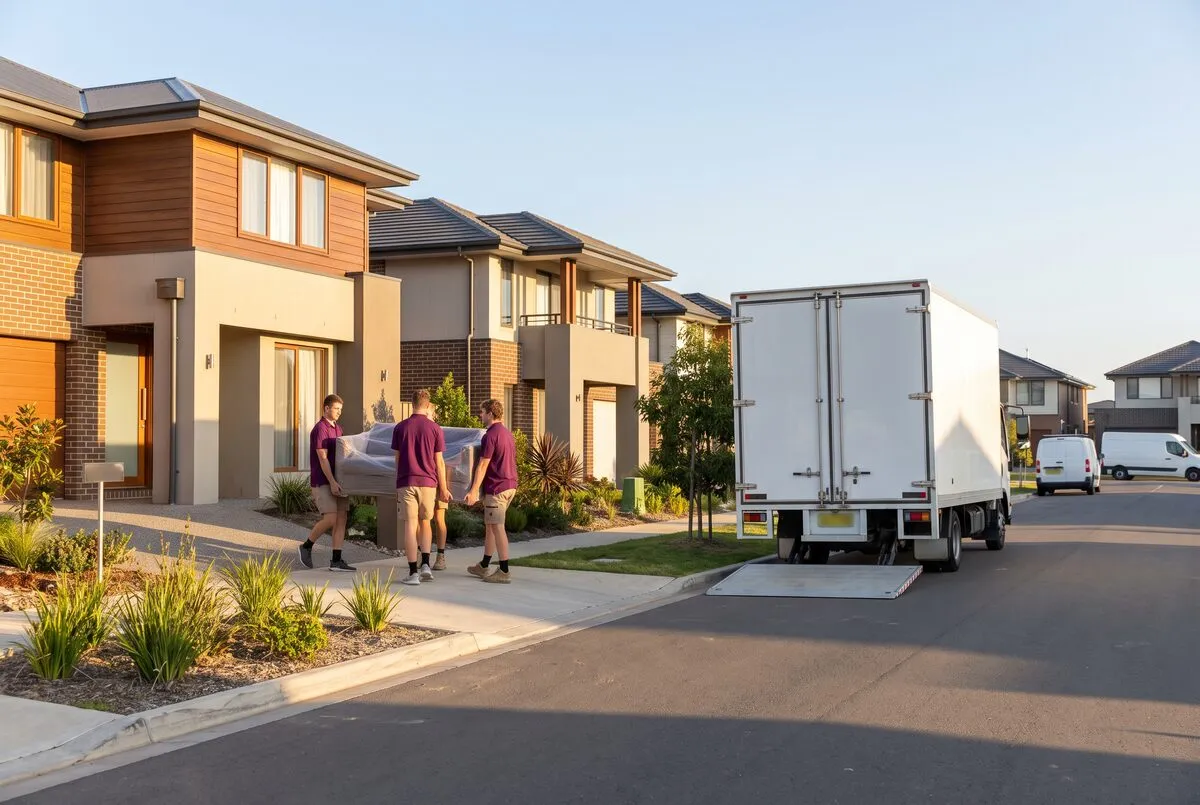 A curving estate street of large double-storey family homes with a removals truck at the kerb