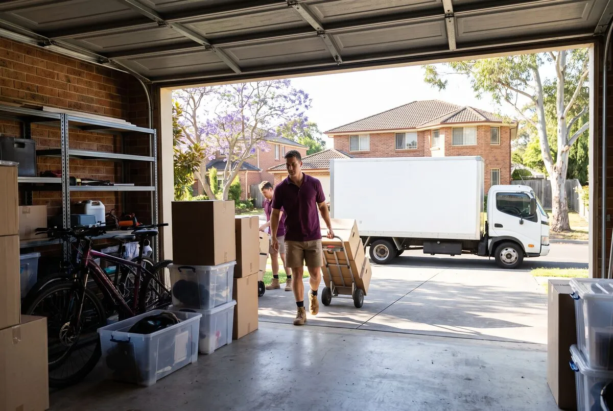 An open double garage stacked with moving boxes and storage while a mover wheels out a trolley