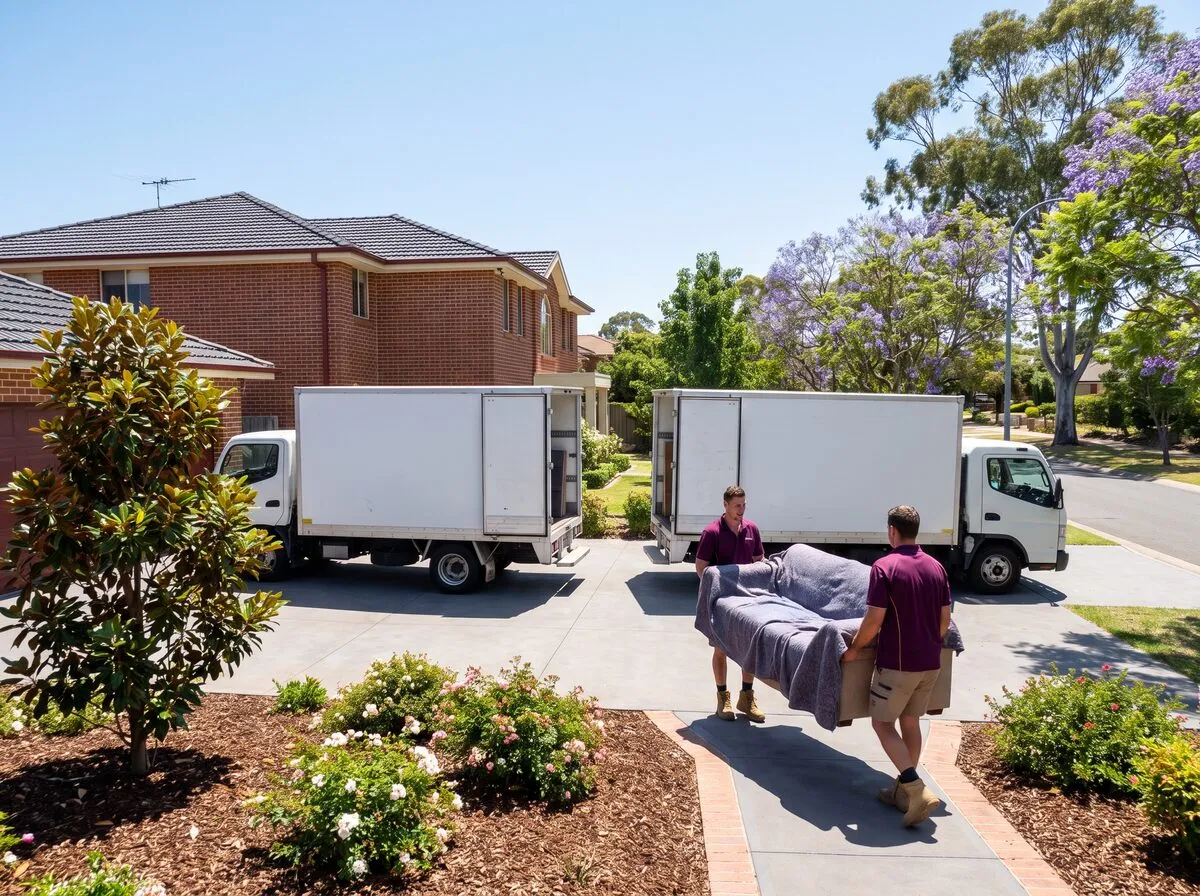 Two removals trucks in the driveway of a large two-storey brick home while movers carry a wrapped sofa