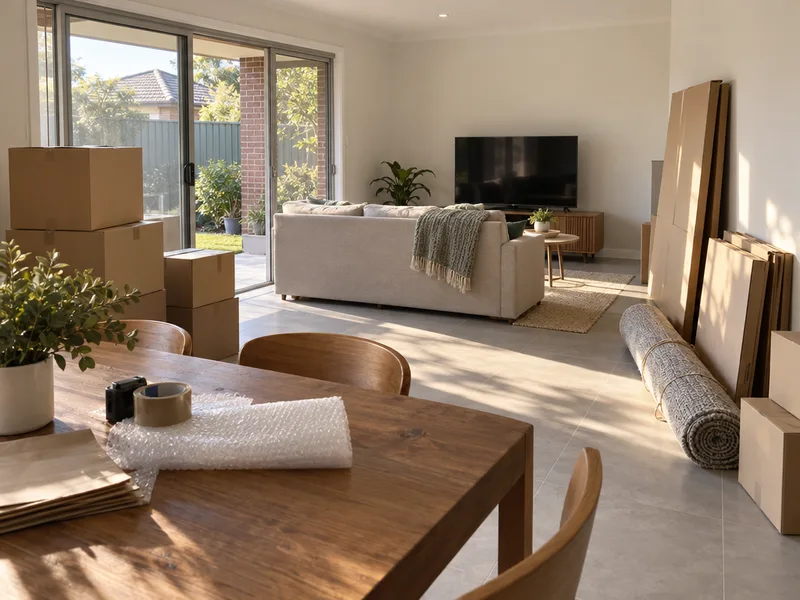 Open-plan living area of a brick Sydney rental, with sealed cardboard cartons stacked beside a sliding glass door, flat-packed cartons against a wall, and tape and bubble wrap on a timber table.