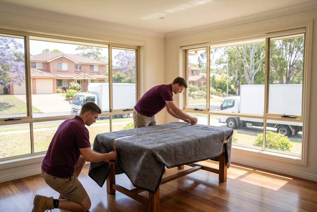 A mover wrapping a timber dining table in padded blankets inside a family living room