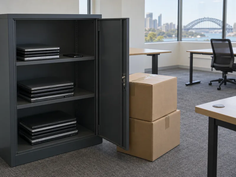 A grey steel cabinet standing open with stacks of closed laptops and a mobile phone on its shelves, two sealed cartons beside it and bare desks in a bright, emptied office
