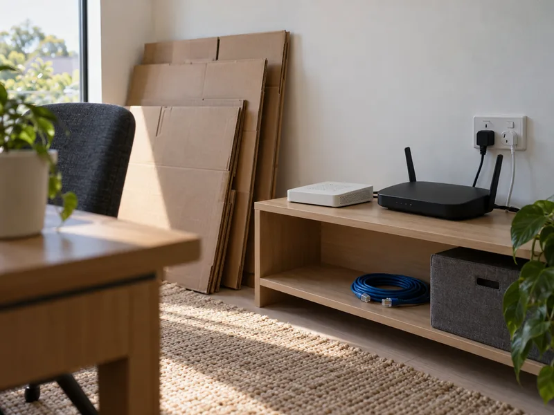 A black Wi-Fi router and a small white nbn connection box on a low timber shelf in a new office, with a coil of blue ethernet cable beneath, flattened cartons leaning on the wall and a power point above