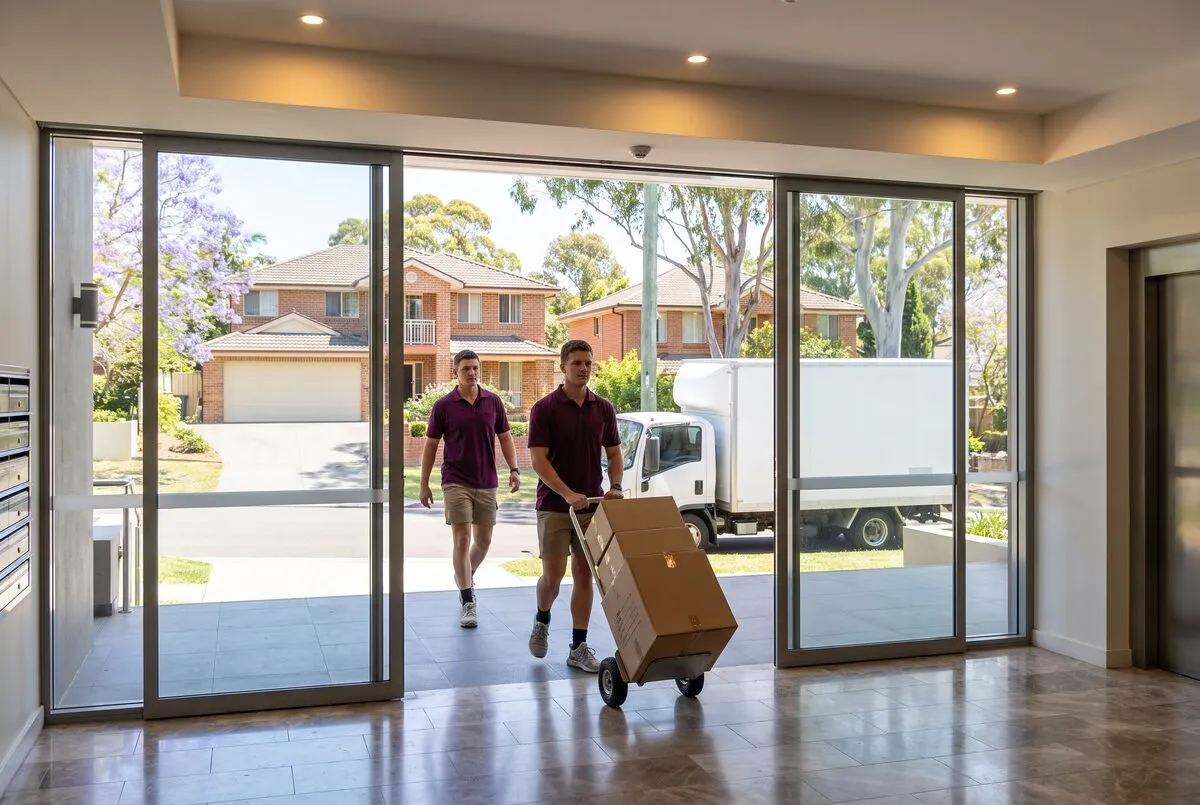 A mover pushing a trolley of boxes through a modern apartment lobby