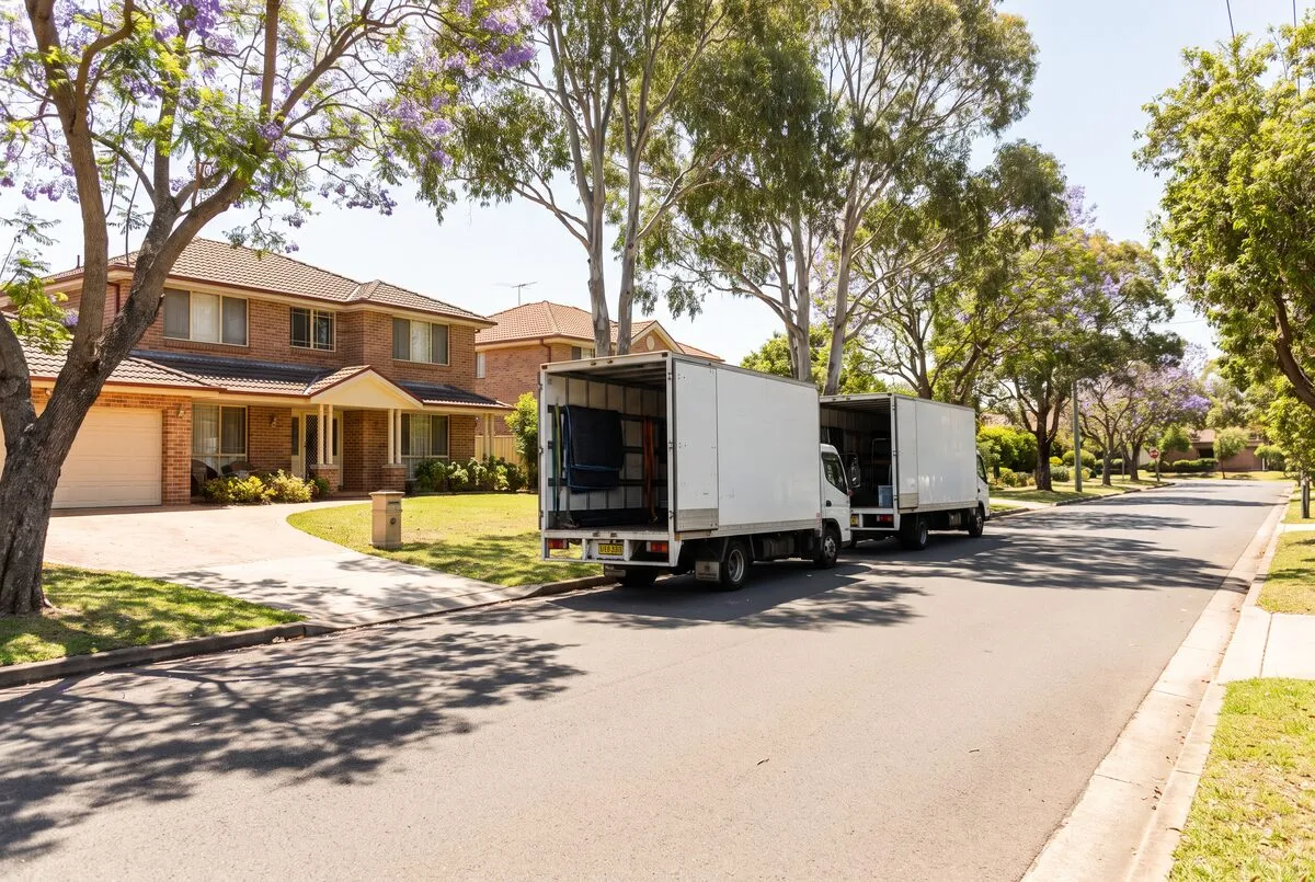 Two removals trucks parked nose to tail on a leafy street with tailgates open